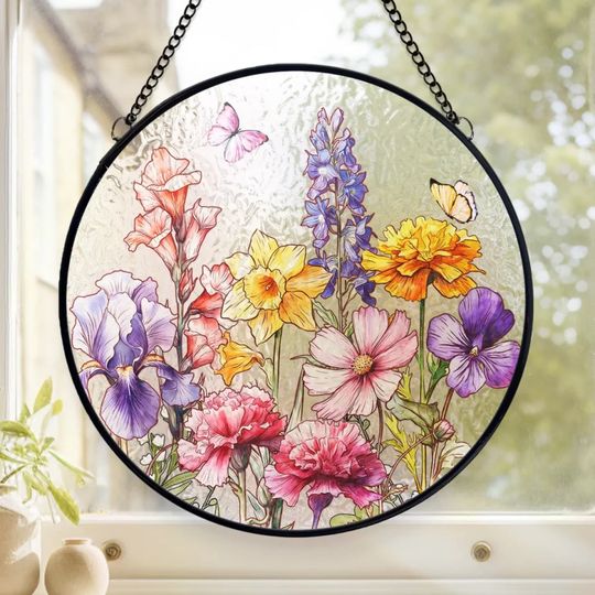 Discover Her Love Blooms In Every Season - Family Personalized Custom Stained Glass Window Hanging Suncatcher - Mother's Day, Gift For Mom, Grandma