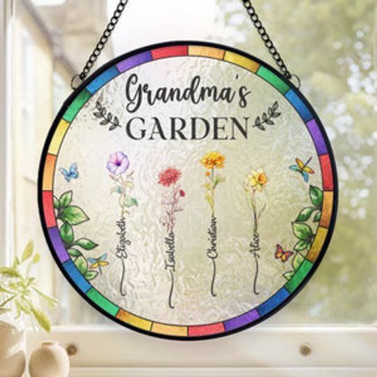 Discover Where Grandkids Grow And Love Blooms - Family Personalized Custom Stained Glass Window Hanging Suncatcher - Mother's Day, Gift For Mom, Grandma