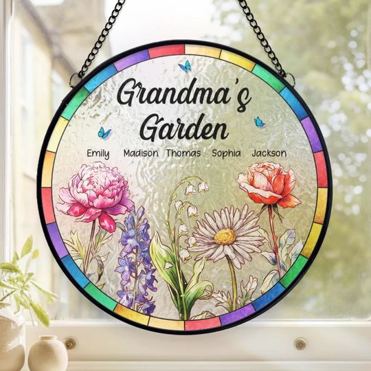 Discover A Grandma’s Garden Is Where Love Grows - Family Personalized Custom Stained Glass Window Hanging Suncatcher - Mother's Day, Gift For Mom, Grandma