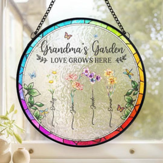 Discover Where Flowers Bloom, Love Grows - Family Personalized Custom Stained Glass Window Hanging Suncatcher - Mother's Day, Gift For Mom, Grandma