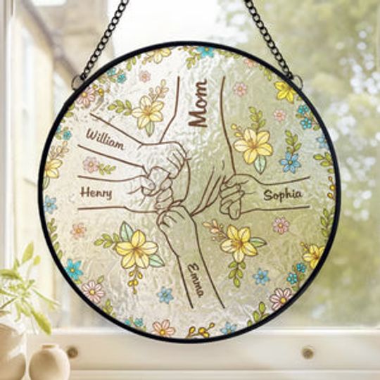 Discover In Every Grip, A Lifetime Of Love - Family Personalized Custom Stained Glass Window Hanging Suncatcher - Mother's Day, Gift For Mom, Grandma