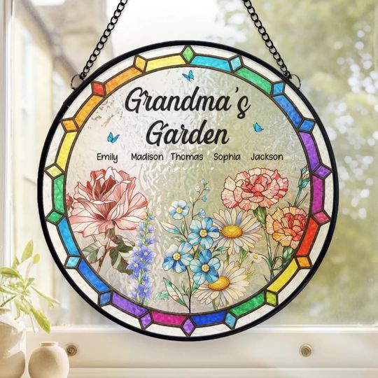 Discover Grandma's Favorite Garden - Family Personalized Custom Stained Glass Window Hanging Suncatcher - Mother's Day, Gift For Mom, Grandma