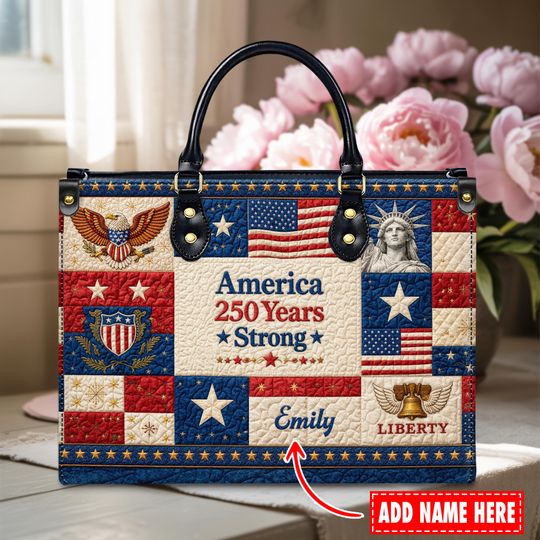 Discover Personalized America 250 Years Strong Leather Handbag with Eagle and Custom Name, Patriotic Gift for Her