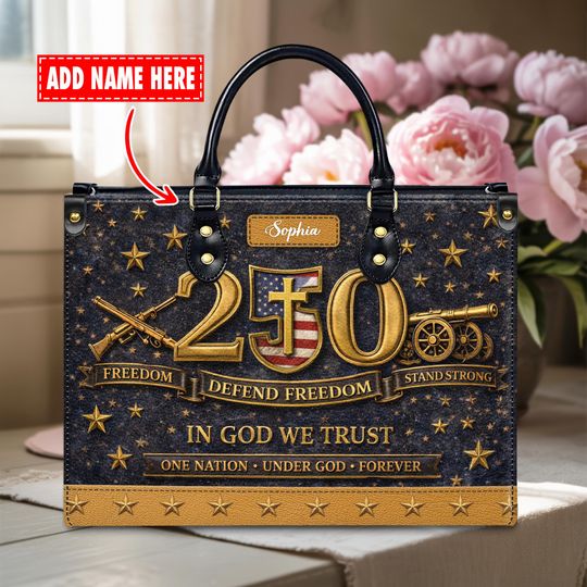 Discover Personalized 250th Anniversary USA Leather Handbag with Custom Name, Vintage American Flag