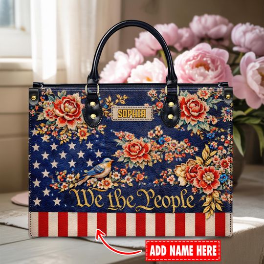 Discover Personalized We The People Leather Handbag with USA Flag Floral Design, Custom Name, 250th Anniversary