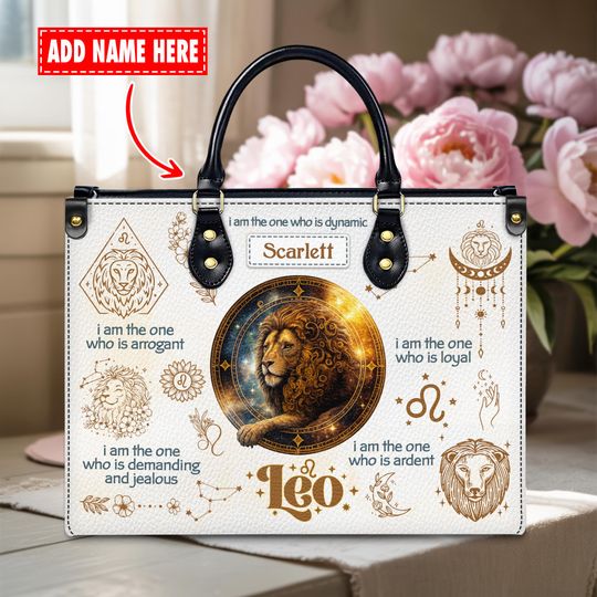 Discover Personalized Leo Leather Handbag with Zodiac Astrology and Custom Name