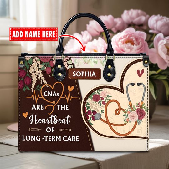 Discover Custom Leather Handbag with Heartbeat and Stethoscope Floral Design, Personalized Name Plate for Nurses