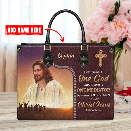Discover Personalized Leather Handbag with Christian Design, Custom Name, Gifts for Women, Religious Leather Bag