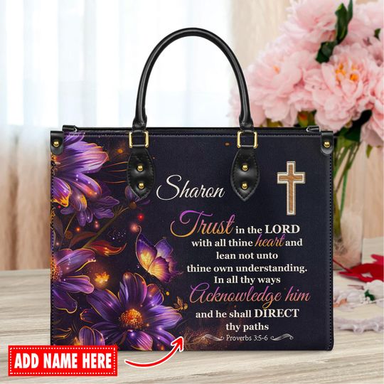 Discover Personalized Leather Handbag Custom Name, Christian Gift, Gifts for Women, Trust in the Lord Bag, Floral Cross & Butterfly Design