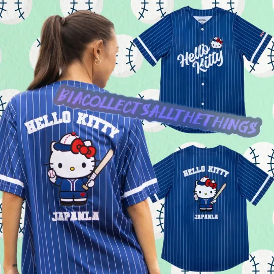 Discover SOLD OUT Hello Kitty JapanLA Baseball Jersey Blue Large Sanrio Unisex Button Up