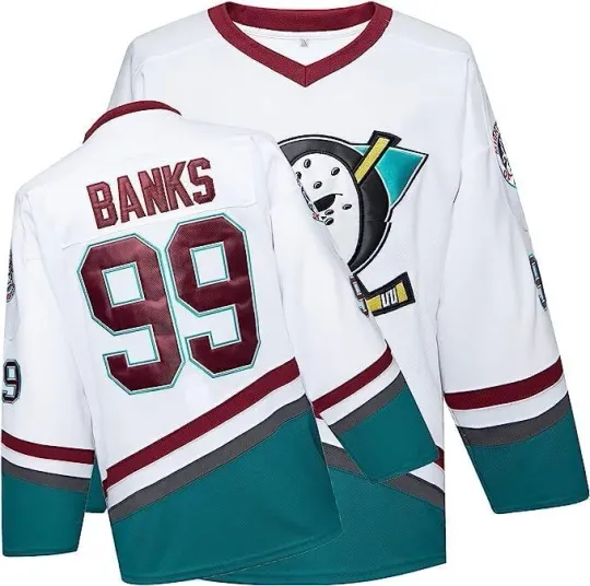 Mens Adam Bankss 99 Mighty Ducks Movie Ice Hockey Jerseys Printed White S-3XL