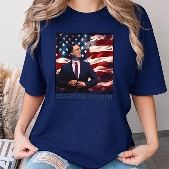 Discover Stephen Colbert for President T-Shirt, Political Satire, American Flag, Funny Political Humor Tee