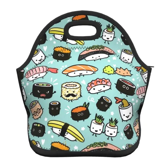 Discover Neoprene Cartoon Japanese Food Sushi Pattern Insulated Lunch Bags for School Office Picnic Cooler Thermal Lunch Box Women