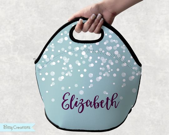 Discover Personalized Lunch Tote Bag for Kids, Teens, or Adults - Washable Neoprene - Blue Teal Aqua with falling dots Purple Name