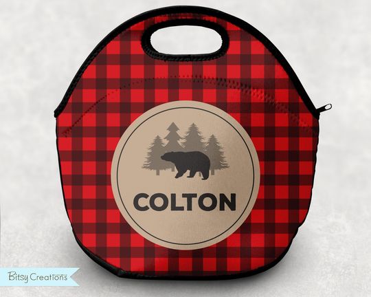 Personalized Bear Lunch Tote - Buffalo Plaid Lumberjack Plaid Lunch Bag for Kids - Washable Soft Neoprene