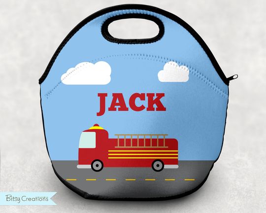 Firetruck Lunch Tote - Personalized Lunch Bag for Kids - Washable Soft Neoprene - Fireman Fire Truck Fire Fighter