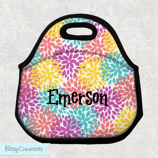 Discover Colorful Flowers Lunch Tote - Personalized Lunch Bag for Kids, Teens, or Adults - Washable Neoprene - Rainbow Floral