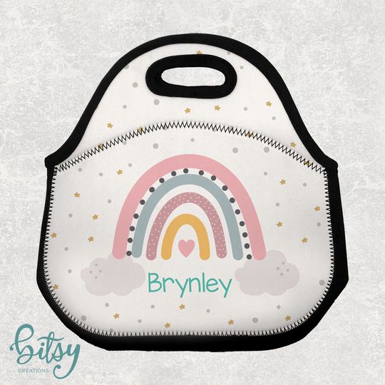 Discover Personalized Rainbow Lunch Tote - Lunch Bag for Kids - Washable Soft Neoprene - Lunchbox Daycare Preschool - Pink Stars Heart Clouds