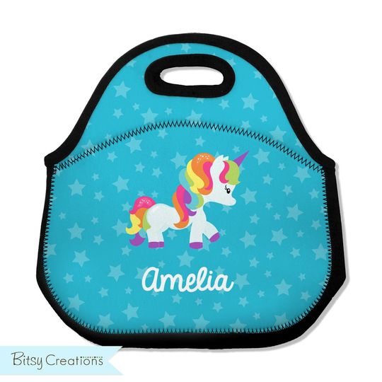 Discover Unicorn Lunch Tote - Personalized Lunch Bag for Kids - Washable Soft Neoprene - Rainbow Unicorn Blue Stars Lunchbox Daycare Preschool