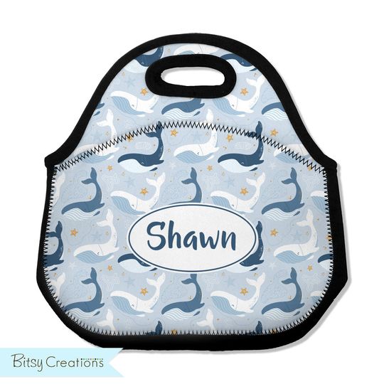 Discover Blue Whale Lunch Tote - Personalized Lunch Bag for Kids - Washable Soft Neoprene - Ocean Lunchbox Daycare Preschool