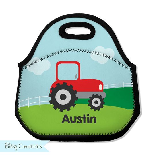 Tractor Lunch Tote - Personalized Lunch Bag for Kids - Washable Soft Neoprene - Farm Scene with Red Tractor Lunchbox Daycare Preschool