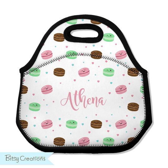 Discover Macaron Lunch Tote - Personalized Lunch Bag for Kids - Washable Soft Neoprene - Kawaii Colorful Cookie Lunchbox Daycare Preschool