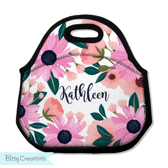 Discover Pink Floral Lunch Tote - Personalized Lunch Bag for Adults, Teens, or Kids - Washable Soft Neoprene -  Lunchbox with Pink and Peach Flowers