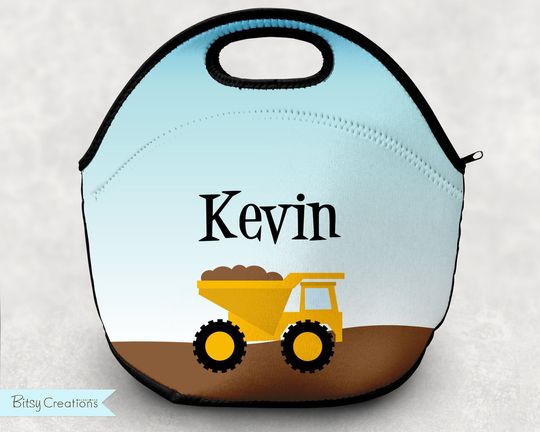 Discover Dump Truck Lunch Tote - Personalized Lunch Bag for Kids - Washable Soft Neoprene - Construction Lunch Box