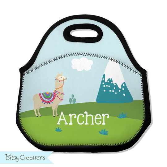 Llama Lunch Tote - Personalized Lunch Bag for Kids - Washable Soft Neoprene - Llama Mountain Scene Lunchbox Daycare Preschool