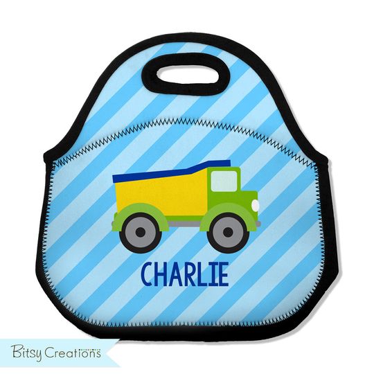 Truck Lunch Tote - Personalized Lunch Bag for Kids - Washable Soft Neoprene - Blue Stripes Construction Truck Lunchbox Daycare Preschool