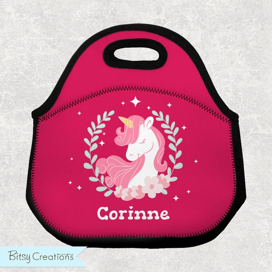 Unicorn Lunch Tote - Personalized Lunch Bag for Kids - Washable Soft Neoprene - Hot Pink Unicorn Lunchbox Daycare Preschool School