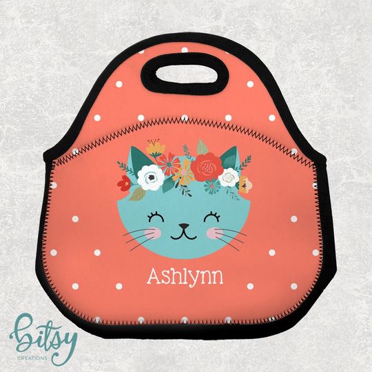 Personalized Cat Lunch Tote - Cat with Flowers Lunch Bag for Kids - Washable Soft Neoprene - Lunchbox Daycare Preschool