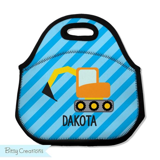 Construction Digger Lunch Tote - Personalized Lunch Bag for Kids - Washable Soft Neoprene - Blue Stripes Digger Lunchbox Daycare Preschool
