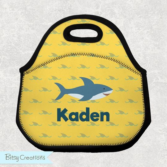 Shark Lunch Tote - Personalized Lunch Bag for Kids - Washable Soft Neoprene - Yellow Shark Lunchbox Daycare Preschool Bottle Carrier