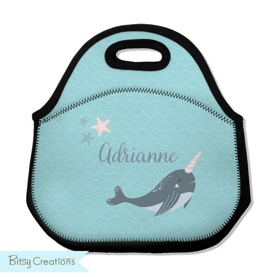 Narwhal Lunch Tote - Personalized Lunch Bag for Kids - Washable Soft Neoprene - Ocean Lunchbox Daycare Preschool - Ocean Pink Narwhal