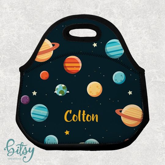 Personalized Space Lunch Tote - Lunch Bag for Kids - Washable Soft Neoprene - Lunchbox Daycare Preschool - Colorful Planets and Stars