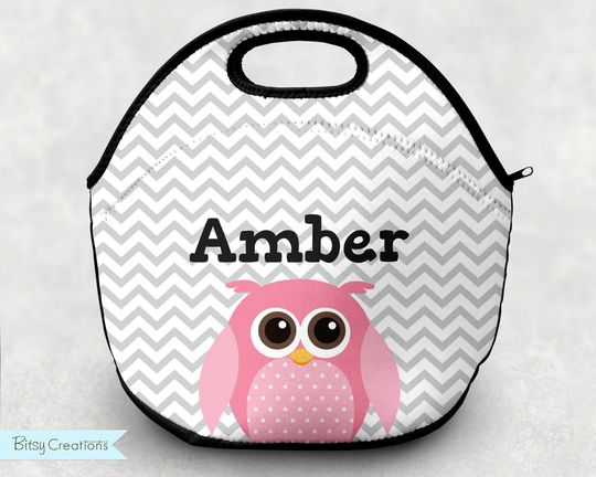 Pink Owl Lunch Tote - Personalized Lunch Bag for Kids - Gray and White Chevron Stripes - Washable Soft Neoprene