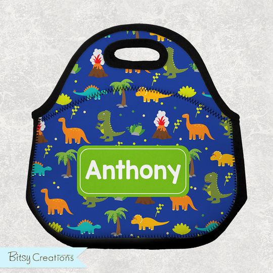 Dinosaur Lunch Tote - Personalized Lunch Bag for Kids - Washable Soft Neoprene - Dino Lunchbox Daycare Preschool Bottle Carrier