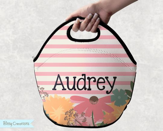 Wildflower Lunch Tote - Personalized Lunch Bag for Kids, Teens, or Adults - Washable Neoprene - Pink Stripes with Flowers