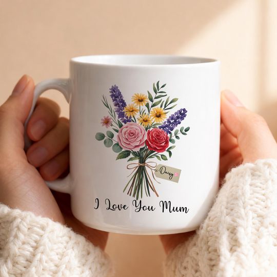 Discover I Love You Mum Mug, Personalized Mum Gift, Rose Wildflower Bouquet Mug, Custom Name Mom Mug, Mothers Day Gift, Floral Coffee Mug for Mum