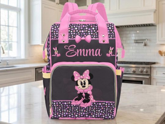 Discover Minnie Mouse Diaper Backpack for Girls, Personalized Baby Shower Gift, Waterproof Mommy Bag
