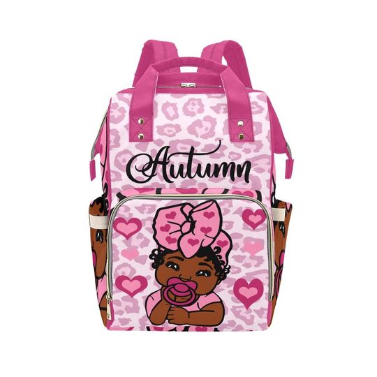 Discover Leopard Personalized African American Baby Girl Diaper Backpack with Bottle Pouch Baby Shower Gift