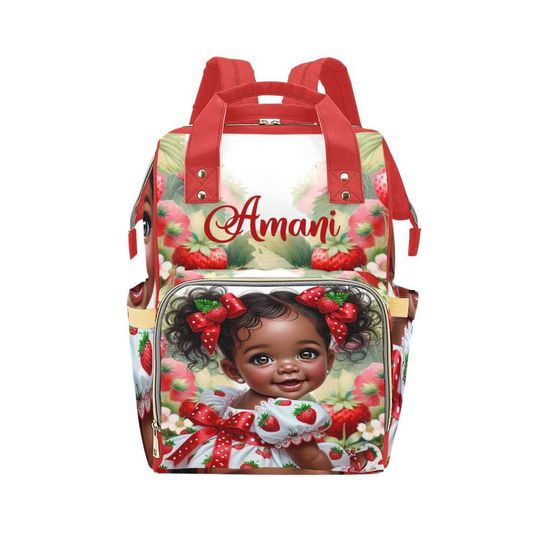 Discover Custom African American Baby Girl Diaper Bag with Strawberry Smile Design Mother Father Backpack Baby Shower Gift