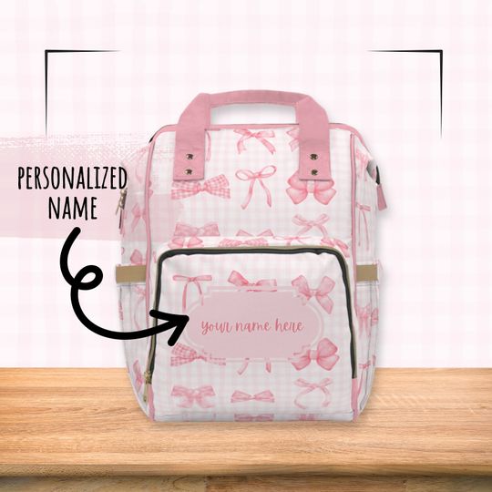 Discover Personalized Baby Diaper Backpack Pink Gingham with Ribbon Bows Multi-Purpose Travel Tote