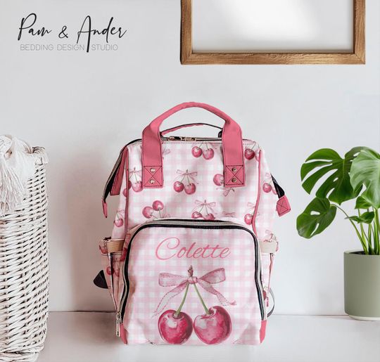 Discover Cherry and Bows Baby Diaper Backpack, Personalized Pink Diaper Bag for Toddlers, Baby Shower Gift