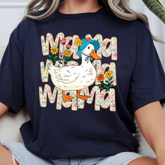 Discover Retro Mama Duck Cottagecore Shirt - Floral Motherhood Graphic Tee - Whimsical Mama Duck with Sun Bonnet and Flowers