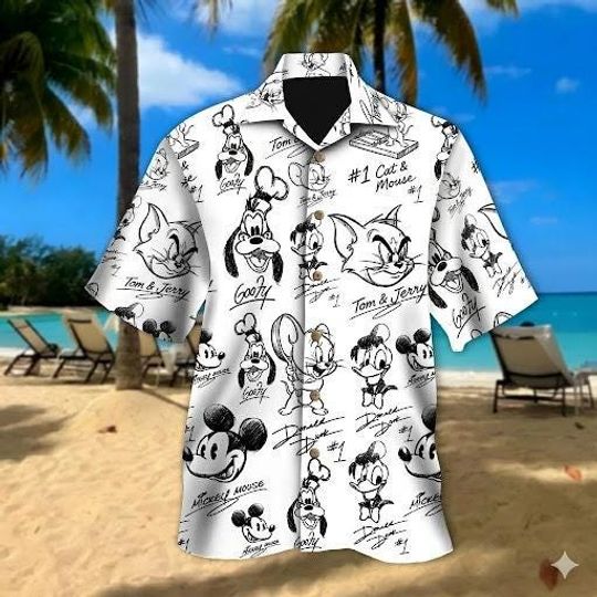 Discover Disney Squad Shirt, Disneyland Family Trip Top, Disney Cruise Hawaiian Button Up, Black White Sketch Cartoon Vacation Outfit