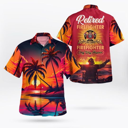 Discover Retired Firefighter Hawaiian Shirt  Sunset Beach Fire Dept Graphic Tee  Tropical Vacation Shirt for Proud Firefighting Veterans