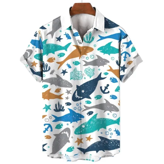 Men's Hawaiian Button-Down Shirt with Shark and Jellyfish Print