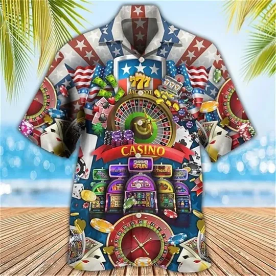Discover Mens Hawaiian Button Down Casino Flag Jackpot Shirt